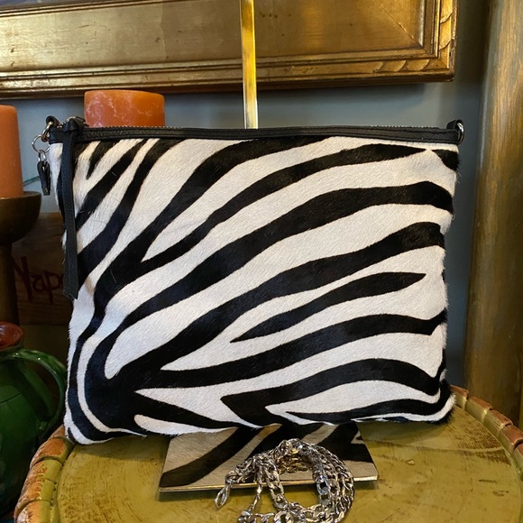 Chico's Zebra Calf Hair Clutch Purse Handbag Leather Silver Chain - Picture 2 of 13